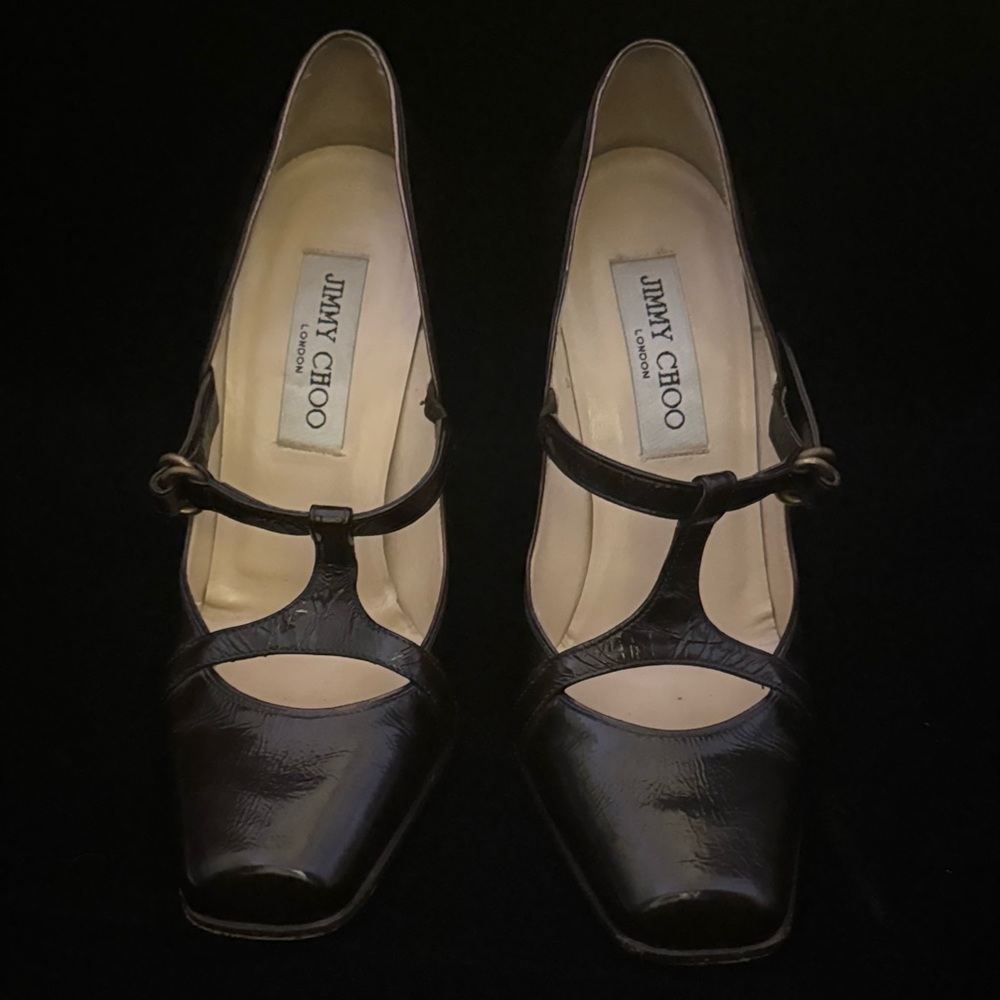 Jimmy Choo Brown Patent Leather T-Strap Mary Janes